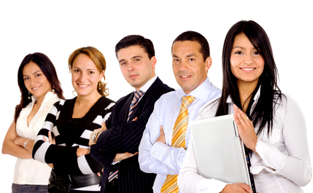 business team with a businesswoman leading it - isolated over a white background